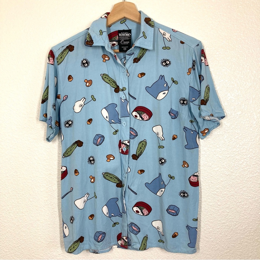 Totoro Studio Ghibli My Neighbor Totoro Food Button Up Shirt Short Sleeves Blue